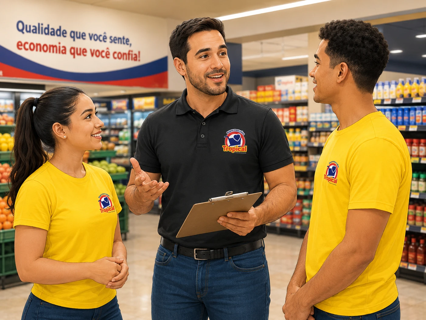 Equipe representada com líder de polo preta e colaboradores de camiseta amarela do Tropical — imagem ilustrativa